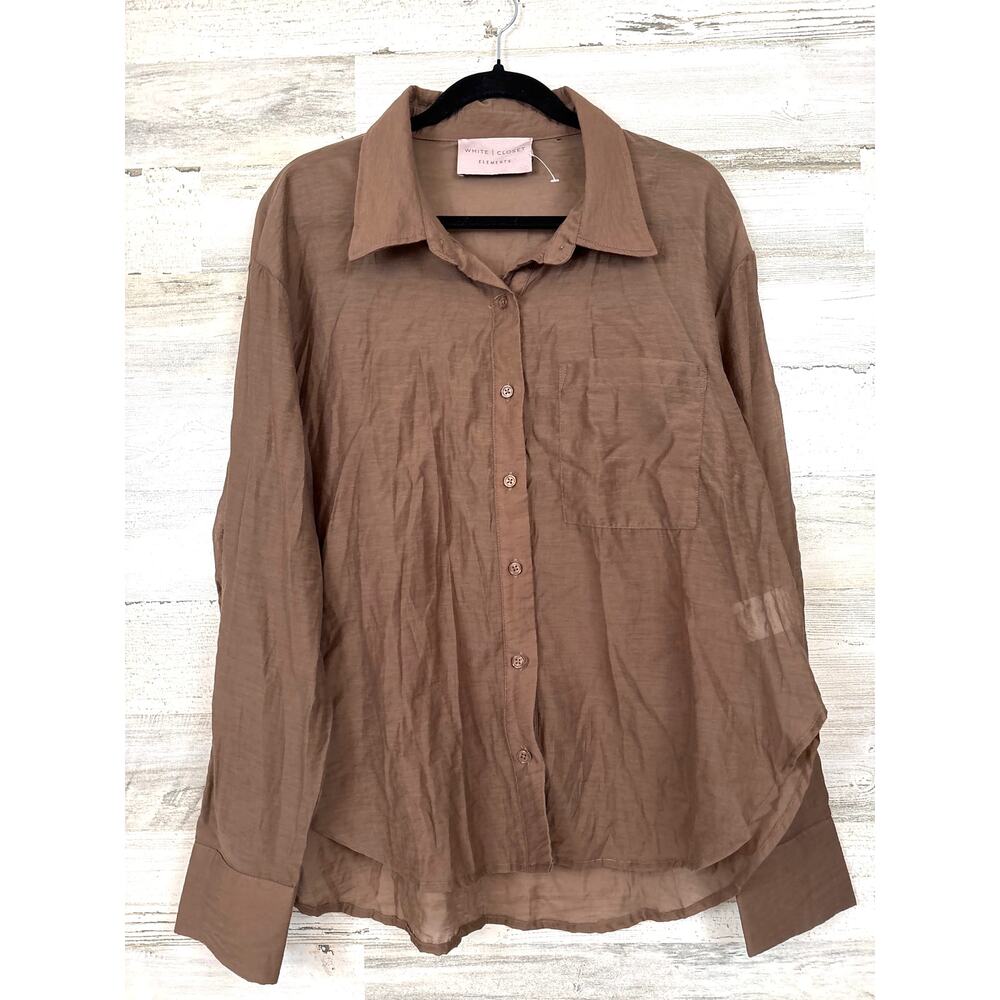 White Closet Elements Womens L Brown Sheer Cotton Blend Button Up Shirt NWT